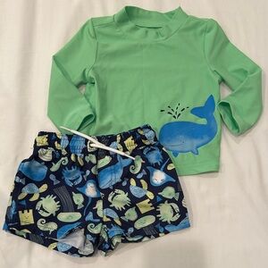 Carter's Aqua Whale Rash Guard and Navy Animal Swim Shorts